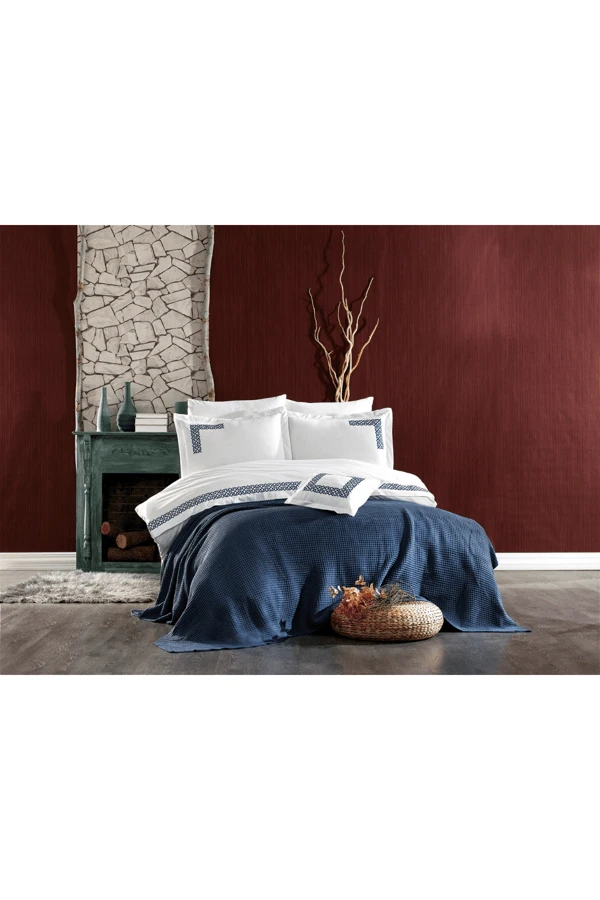 Alaca 8 Parça Pamuklu Triko Battaniyeli Çift Kişilik Nevresim Takımı Mavi