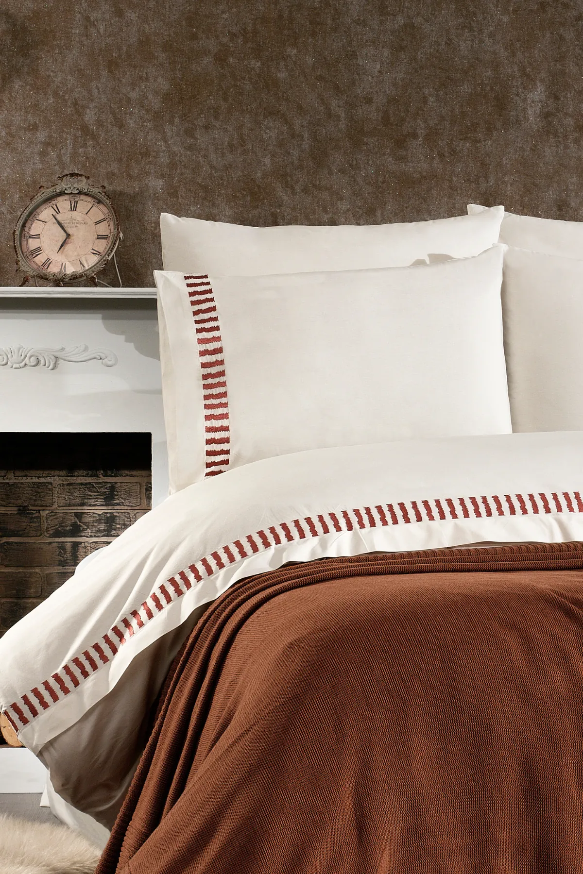 Imperra %100 Pamuk, Triko Battaniyeli, Nakışlı 7 Parça Premium Çift Kişilik Nevresim Takımı Kiremit