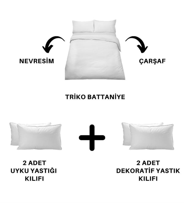 Ahzen 7 Parça Pamuklu Triko Battaniyeli Nevresim Takımı Krem