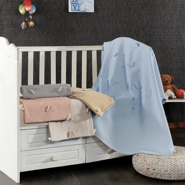 3d Kelebek %100 Pamuk Desenli Bebek Pike Örtüsü Mavi