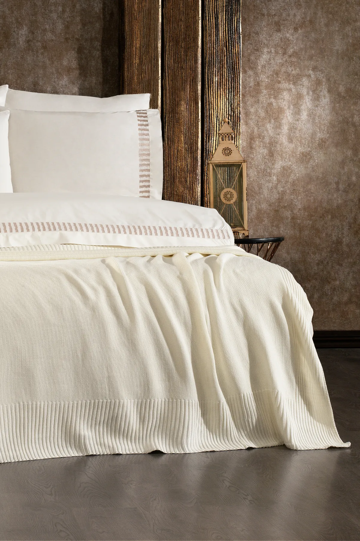 Imperra %100 Pamuk, Triko Battaniyeli, Nakışlı 7 Parça Premium Çift Kişilik Nevresim Takımı Ekru