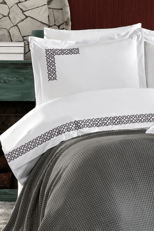 Alaca 8 Parça Pamuklu Triko Battaniyeli Çift Kişilik Nevresim Takımı Gri