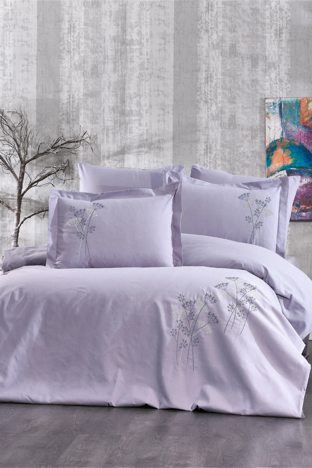 6 Parça %100 Pamuk Modern Çiçek Nakışlı Çift Kişilik Nevresim Takımı Gri