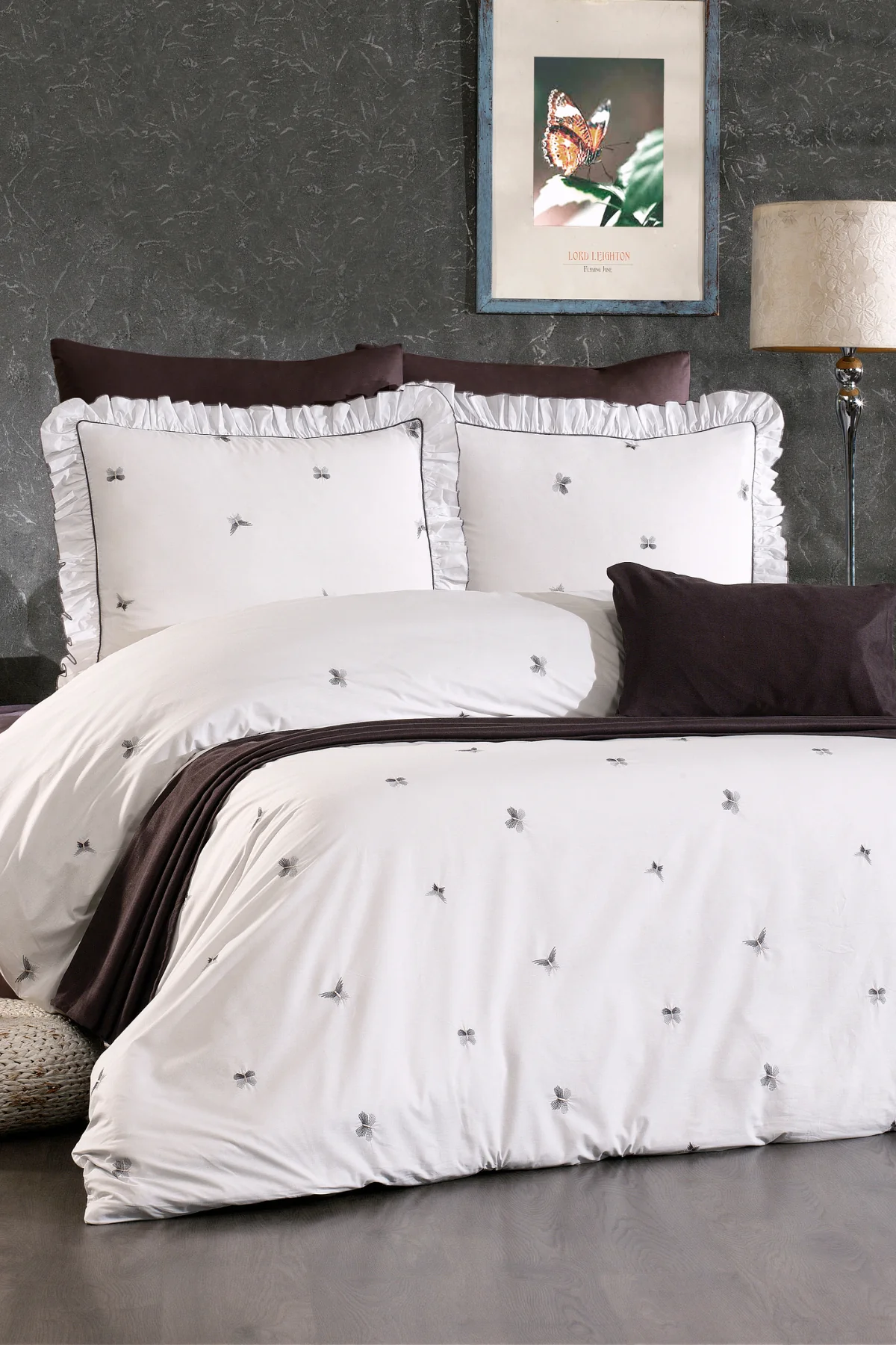 Ophelia %100 Pamuk Kelebek Desen Nakışlı, Fırfırlı, 8 Parça Premium Çift Kişilik Nevresim Takımı Gri