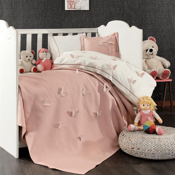 3d Kelebek %100 Pamuk Desenli Bebek Pike Örtüsü Pembe