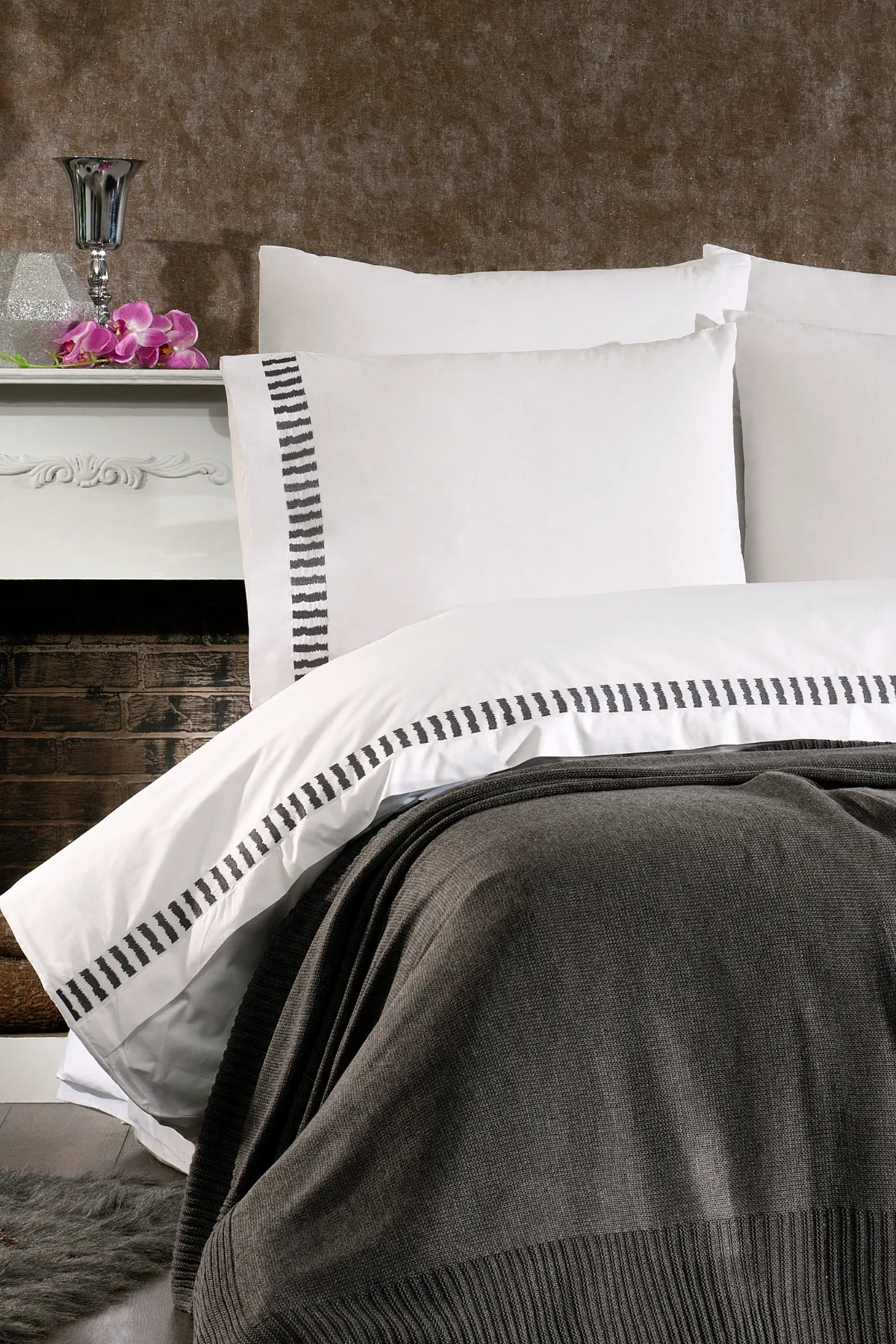 Imperra %100 Pamuk, Triko Battaniyeli, Nakışlı 7 Parça Premium Çift Kişilik Nevresim Takımı Antrasit