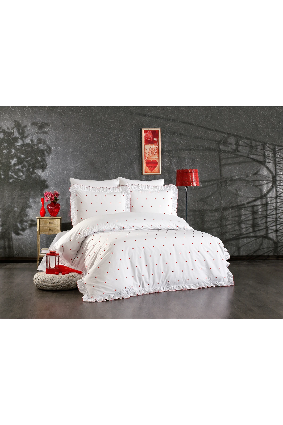 Velora %100 Pamuk Kalp Desen Nakışlı, Fırfırlı 6 Parça Çift Kişilik Nevresim Takımı - Kalpli Nevresim Beyaz