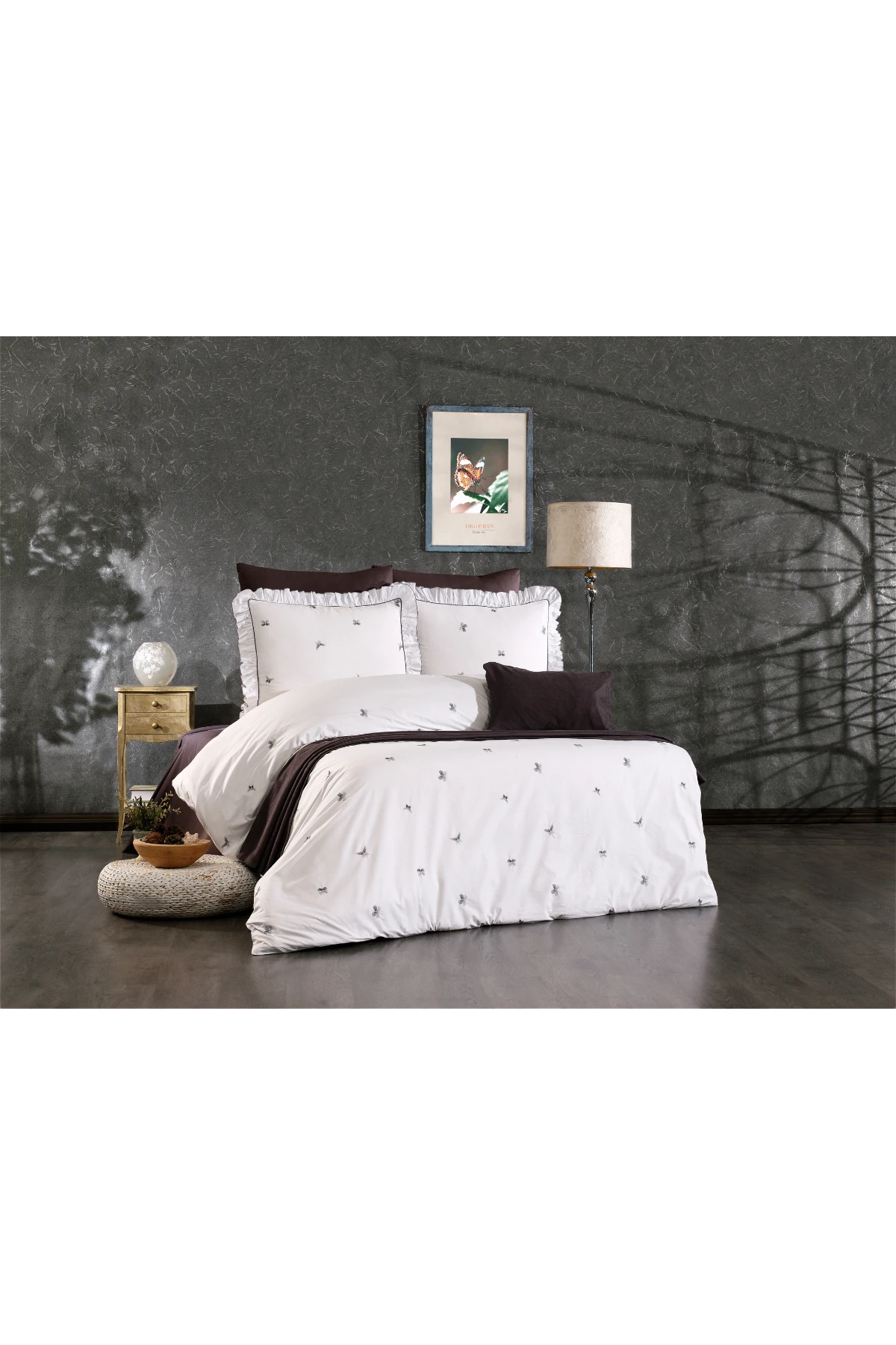 Ophelia %100 Pamuk Kelebek Desen Nakışlı, Fırfırlı, 8 Parça Premium Çift Kişilik Nevresim Takımı Gri