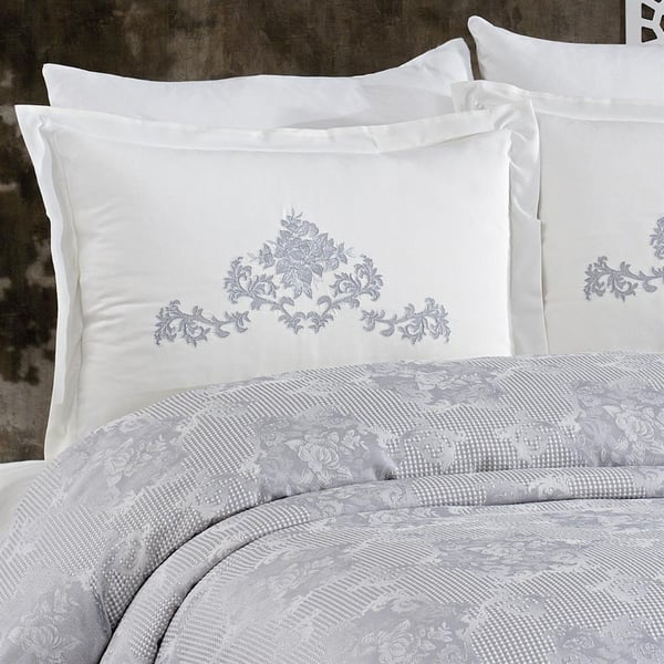 Mina 6 Parça Pamuk Şönil Pike Yatak Örtülü Nakışlı Çift Kişilik Pike Takımı Gri