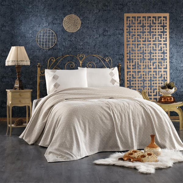 Meriç 4 Parça Pamuklu Çift Kişilik Koton Pike Seti Bej