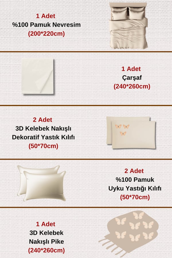 7 Parça %100 Pamuk 3D Kelebek Desenli ve Pikeli Çift Kişilik Nevresim Takımı Bej