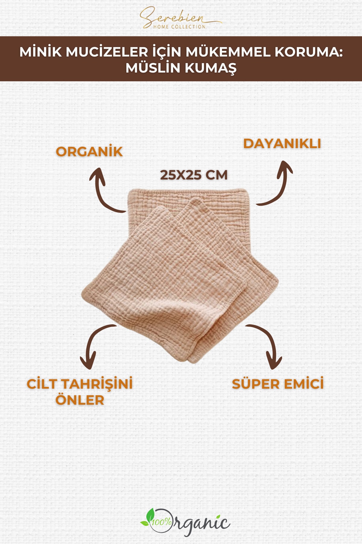 6'lı Organik 4 Katlı Müslin Bebek Ağız Mendili, Ter Bezi - 25x25 cm %100 Pamuk Müslin