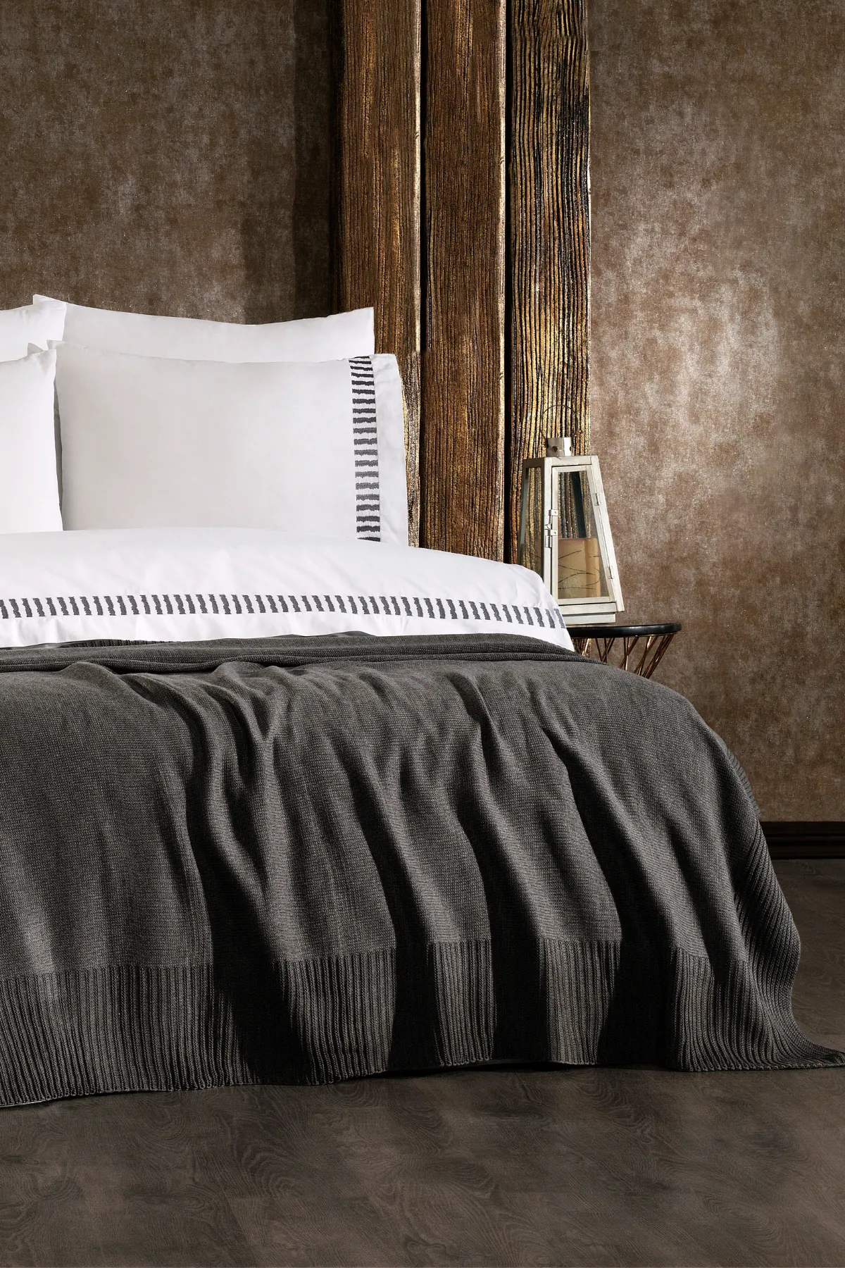 Imperra %100 Pamuk, Triko Battaniyeli, Nakışlı 7 Parça Premium Çift Kişilik Nevresim Takımı Antrasit