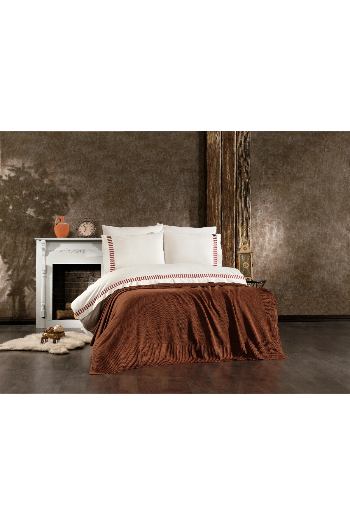 Imperra %100 Pamuk, Triko Battaniyeli, Nakışlı 7 Parça Premium Çift Kişilik Nevresim Takımı Kiremit