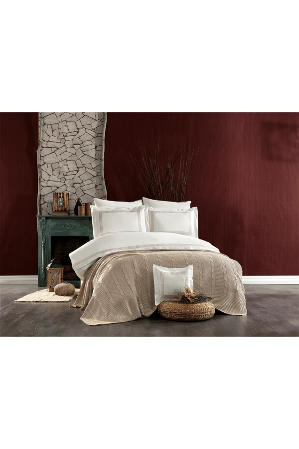 Aydos 8 Parça Pamuklu Triko Battaniyeli Çift Kişilik Nevresim Takımı Bej