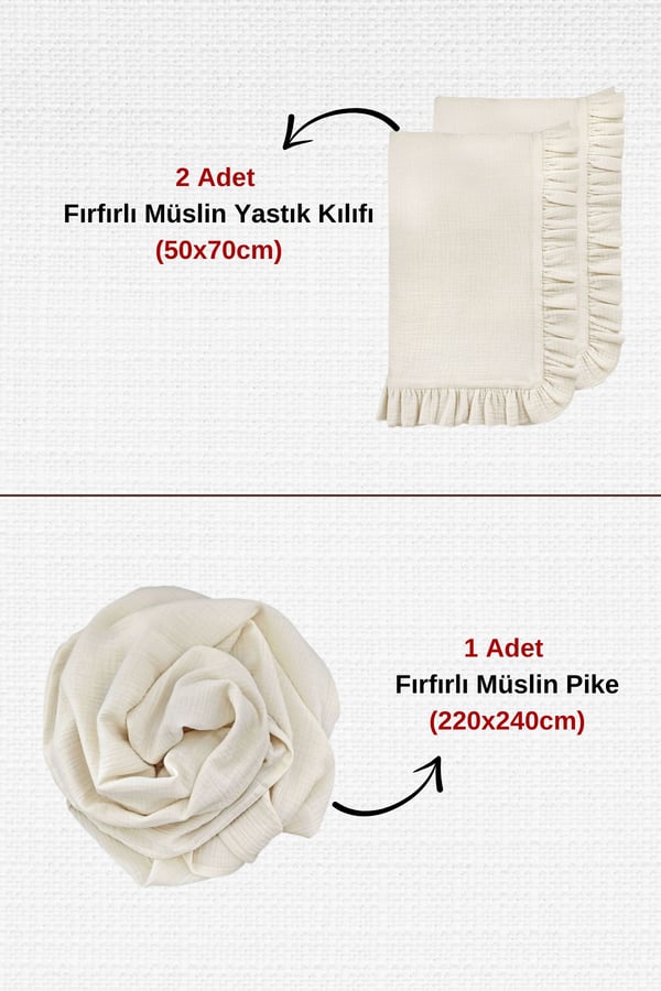 Fırfırlı 3 Parça Müslin Pike Yatak Örtüsü Ve Yastık Kılıfı Seti - Aura Çift Kişilik Gül Kurusu Müslin Pike Set