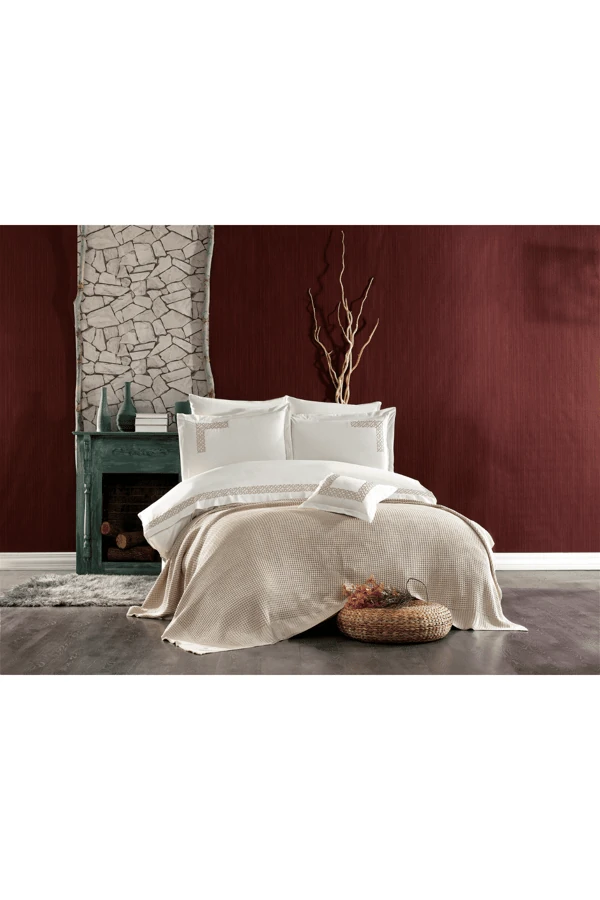 Alaca 8 Parça Pamuklu Triko Battaniyeli Çift Kişilik Nevresim Takımı Bej