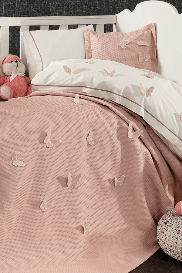 3d Kelebek Desenli 5 Parça %100 Pamuk Bebek Nevresim Takımı Pembe