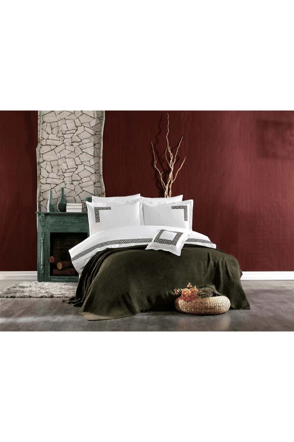 Alaca 8 Parça Pamuklu Triko Battaniyeli Çift Kişilik Nevresim Takımı Haki Yeşil