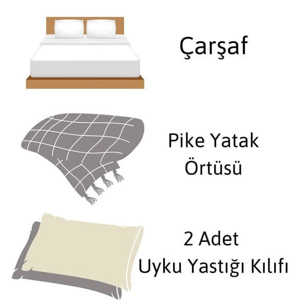 Meriç 4 Parça Pamuklu Çift Kişilik Koton Pike Seti Gri