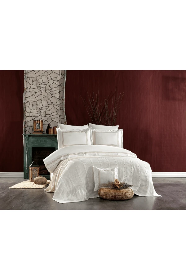 Aydos 8 Parça Pamuklu Triko Battaniyeli Çift Kişilik Nevresim Takımı Krem