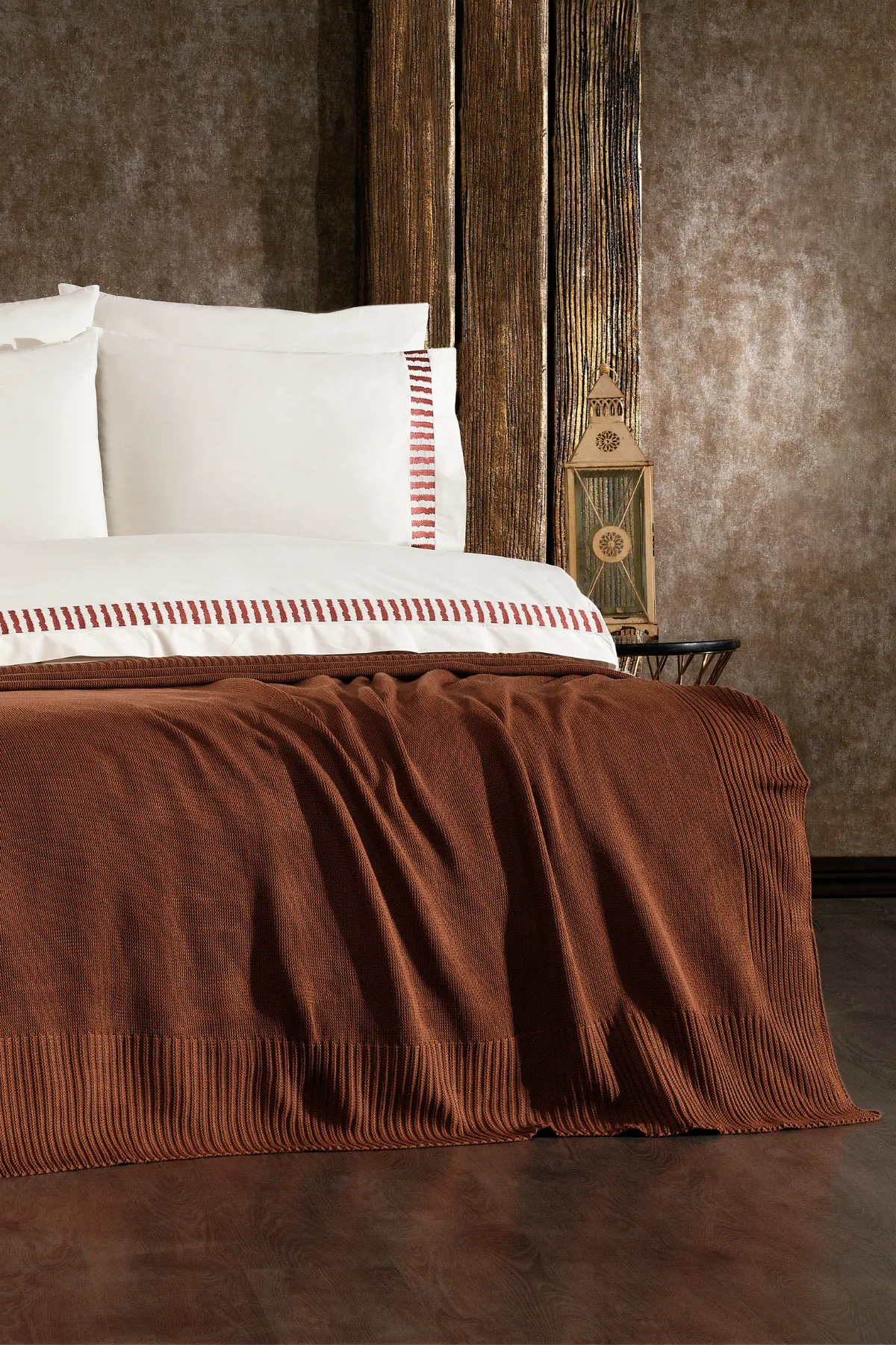 Imperra %100 Pamuk, Triko Battaniyeli, Nakışlı 7 Parça Premium Çift Kişilik Nevresim Takımı Kiremit