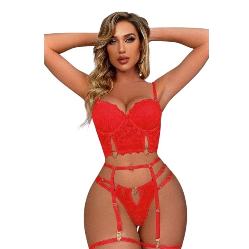 Erox Fantasy Wear Büstiyerli Seksi Sütyen Külot Takım - Red