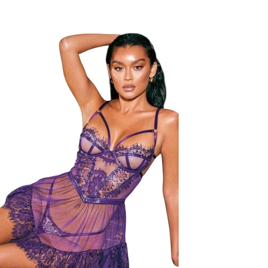 Erox Fantasy Wear Britli Mor Takım Dantel Transparan Gecelik