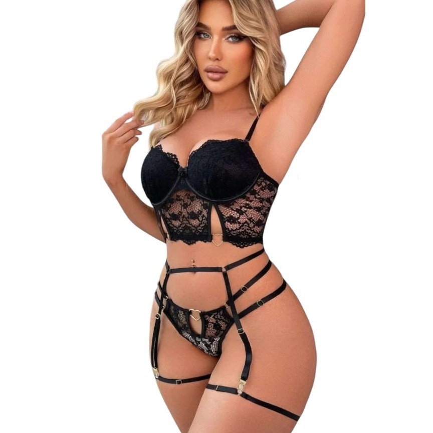Erox Fantasy Wear Büstiyerli Seksi Sütyen Külot Takım - Black