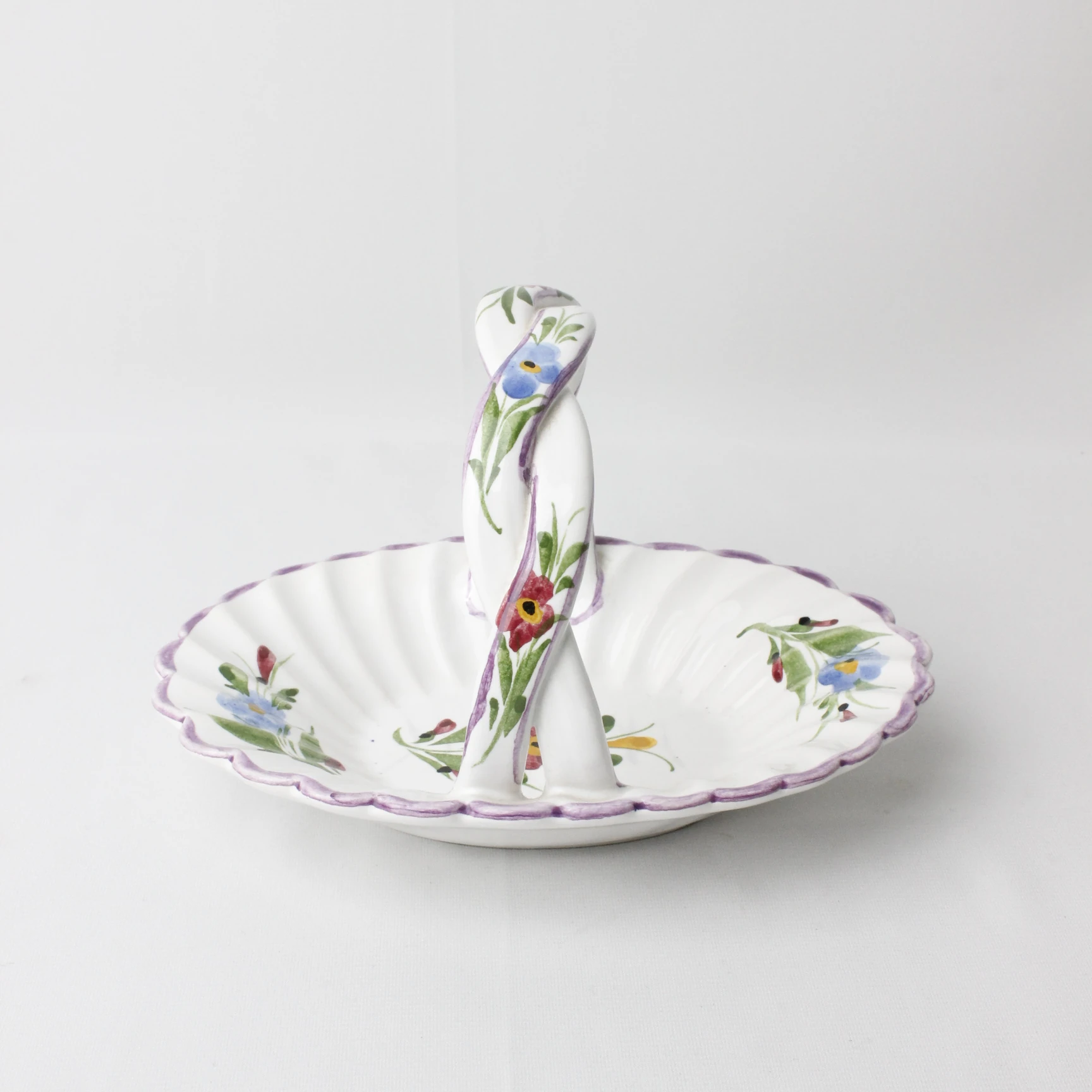 Portugal Damgalı El Boyama Çiçek Motifli Seramik Sepet 