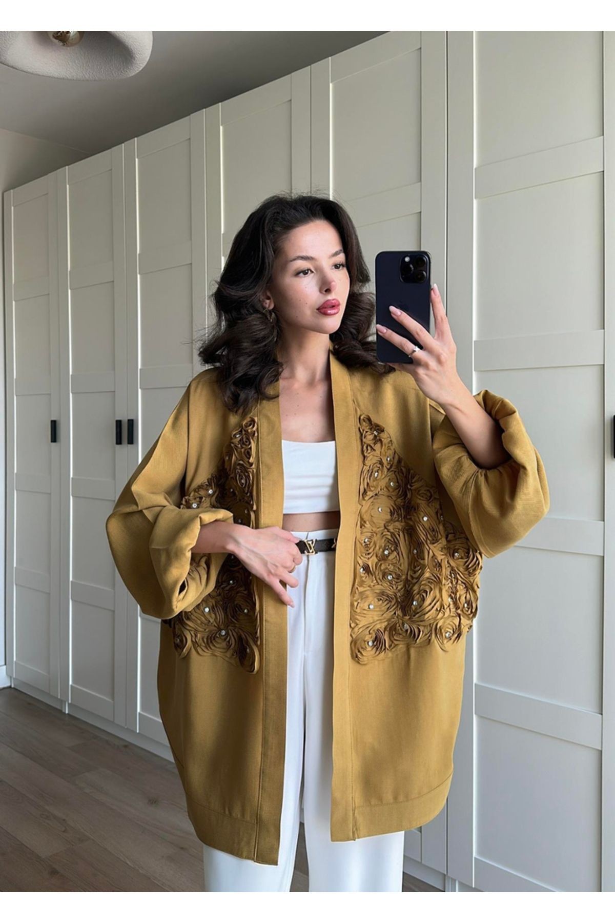 Gül Detaylı Premium Kimono - yağ yeşili