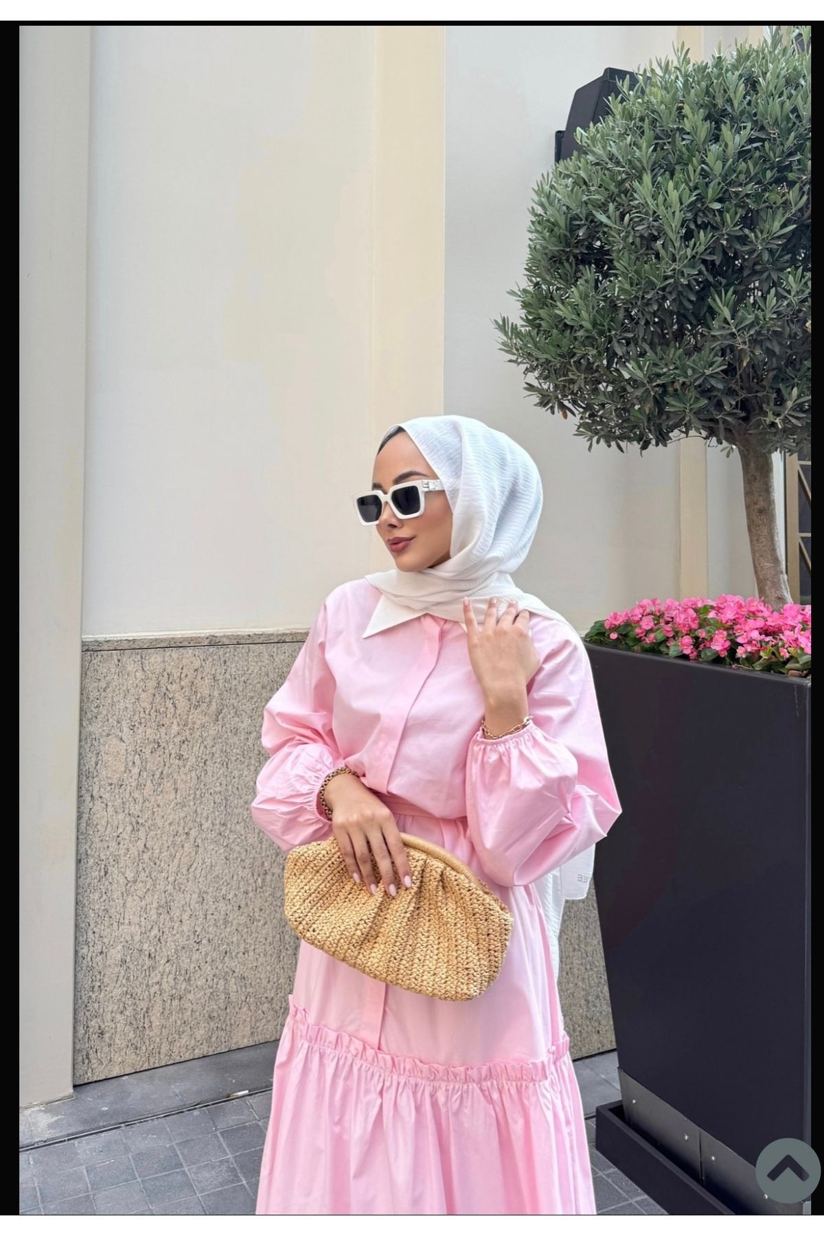 Volan Kol Etek Ucu Beyaz Şerit Poplin Elbise - Pembe