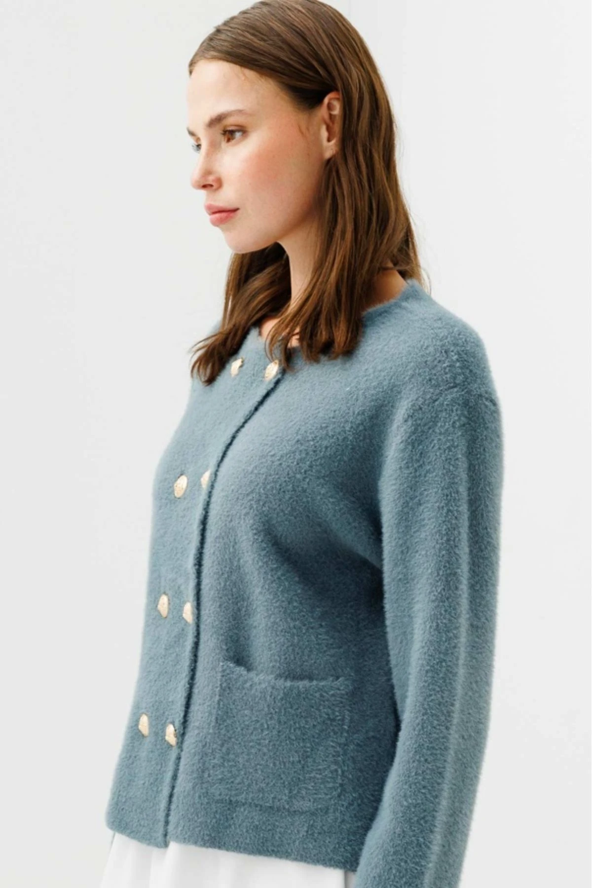 Gold Düğme Detaylı Angora Hırka - Çağla Yeşili