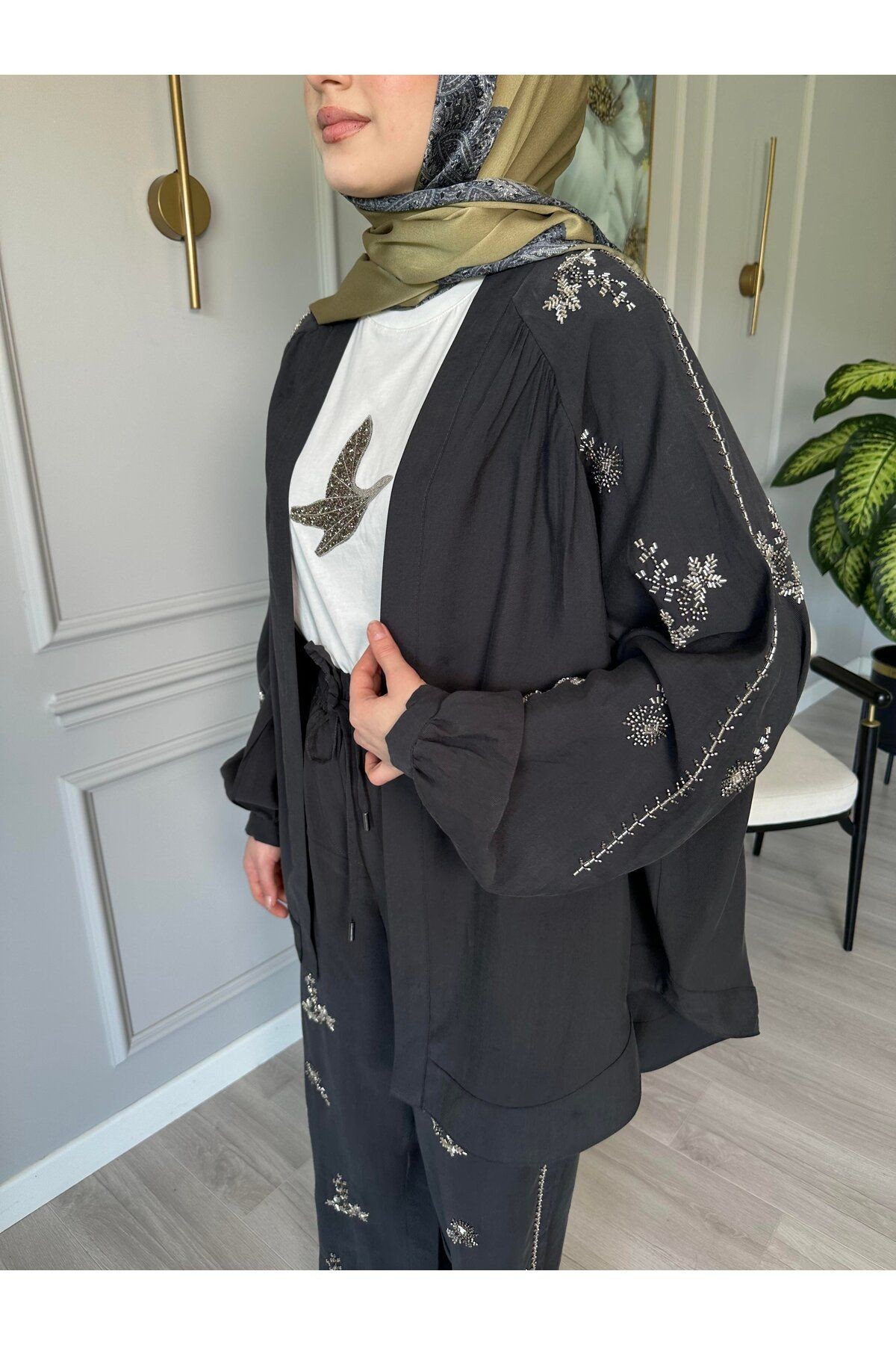 Taş İşlemeli Kimono - Antrasit