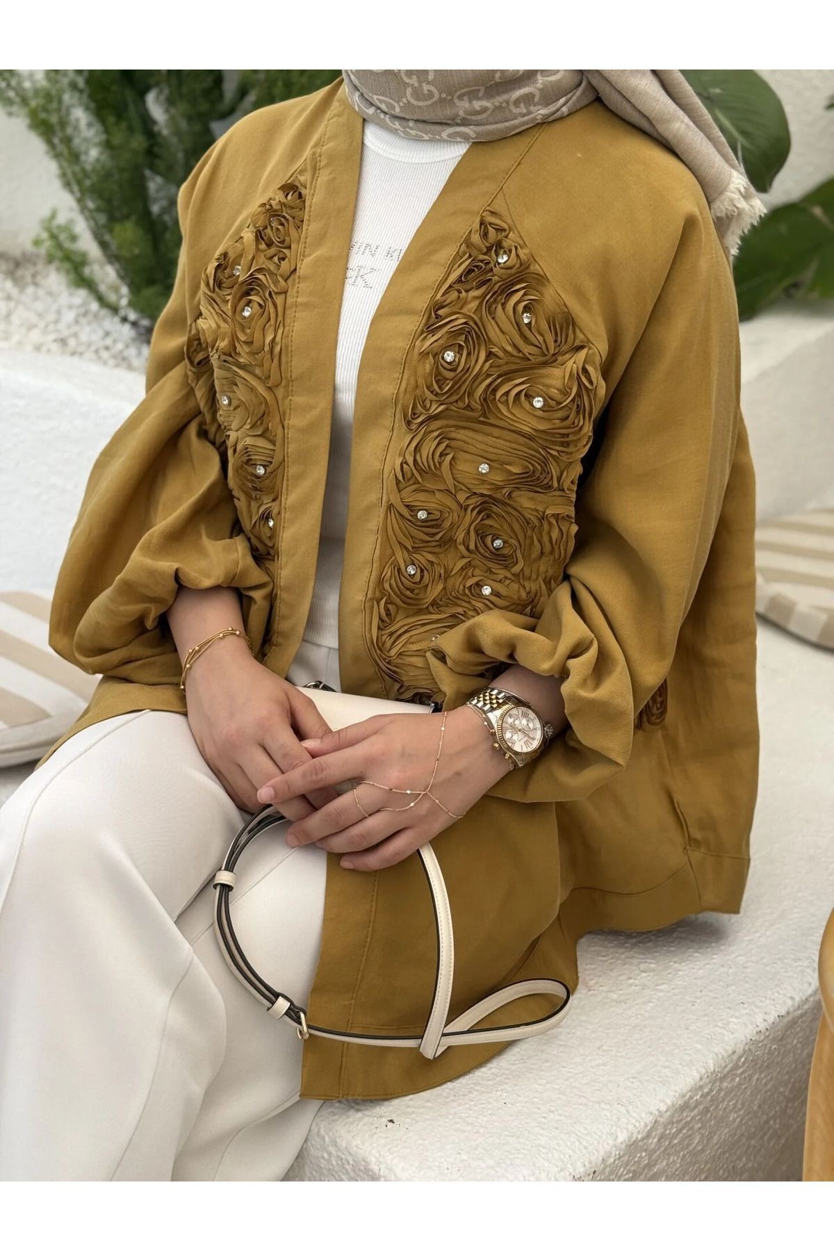 Gül Detaylı Premium Kimono - yağ yeşili