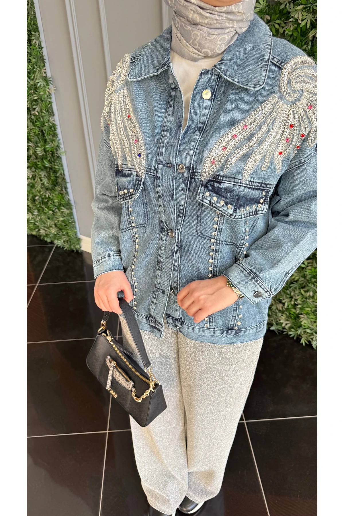 Mira Taş/Payet İşlemeli Kot Ceket - Mavi