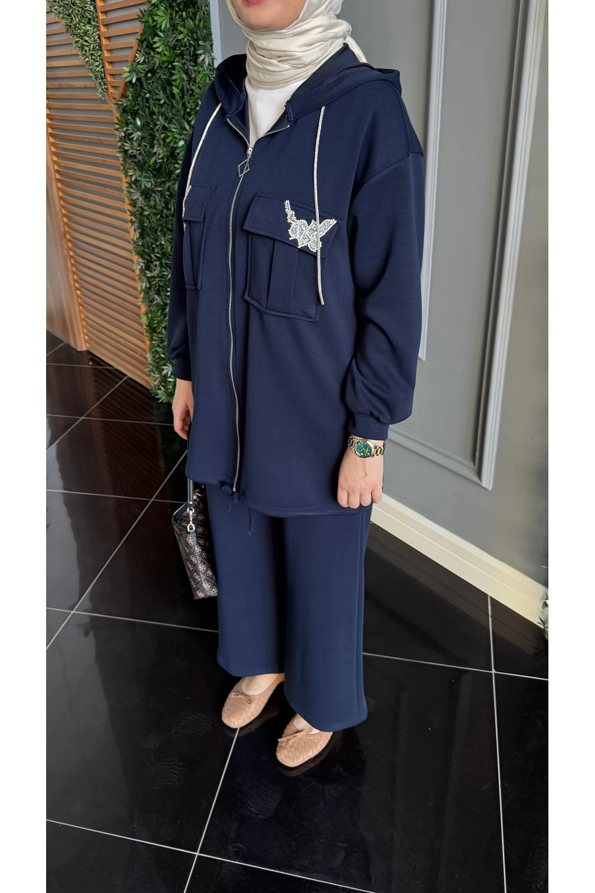 Beymn Taş İşlemeli Modal Tessettür İkili Takım - Lacivert