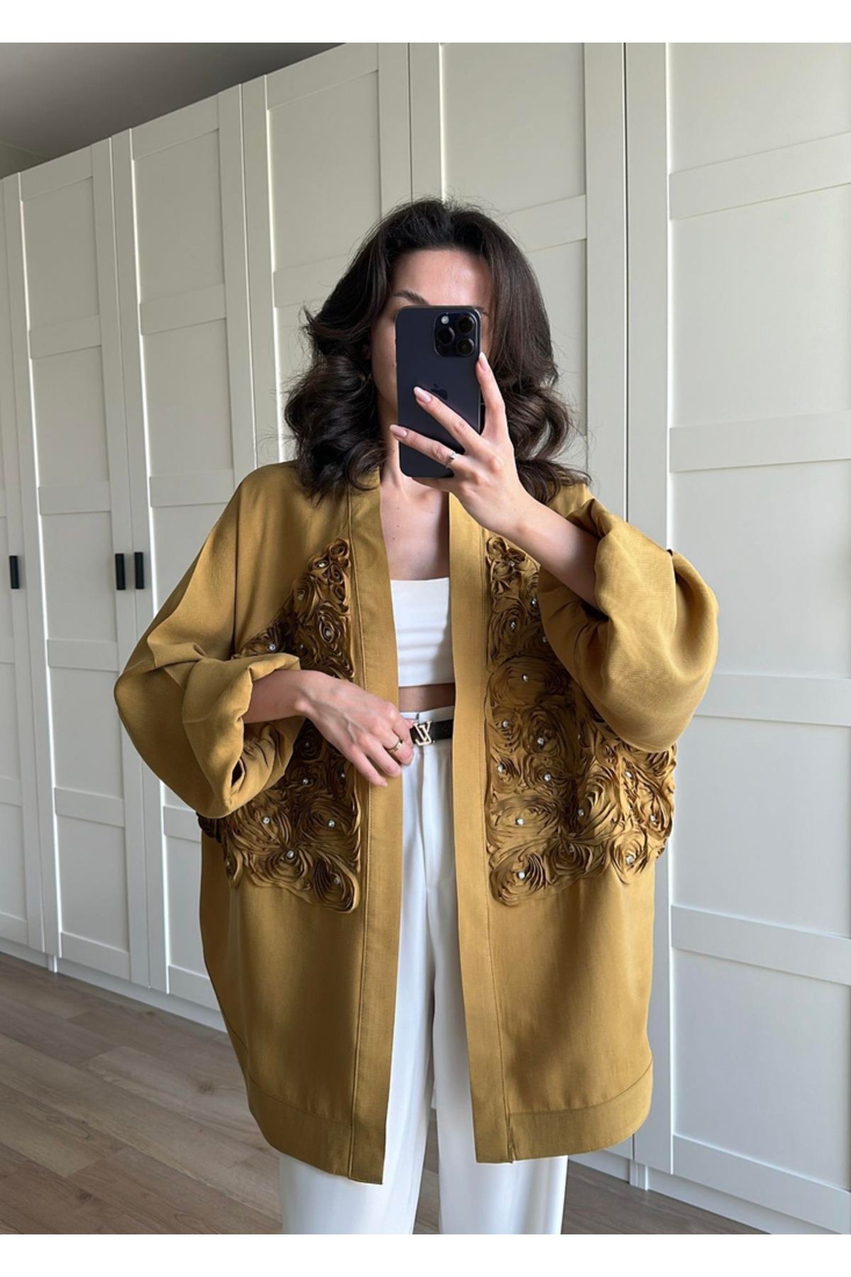 Gül Detaylı Premium Kimono - yağ yeşili