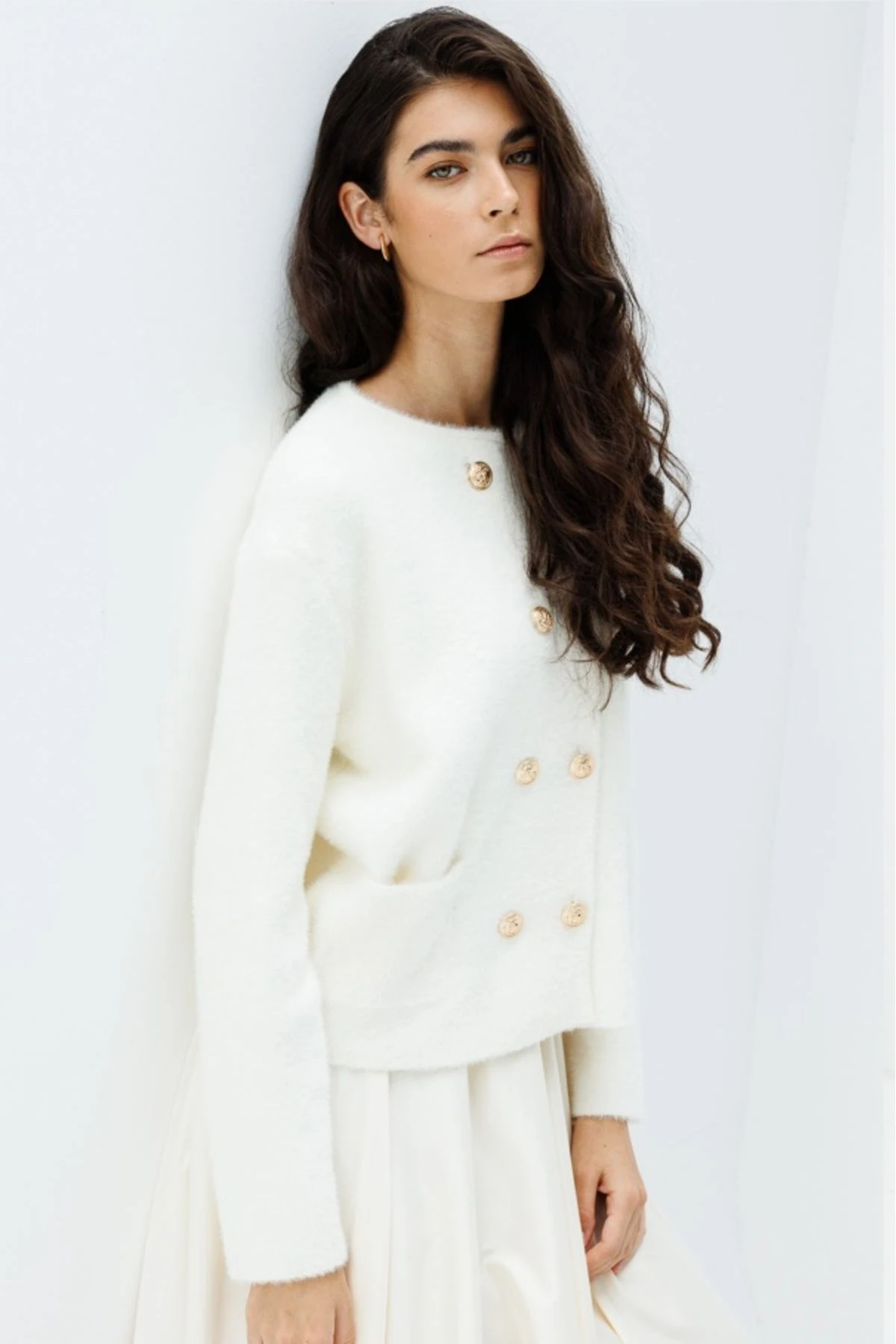 Gold Düğme Detaylı Angora Hırka - Vanilya