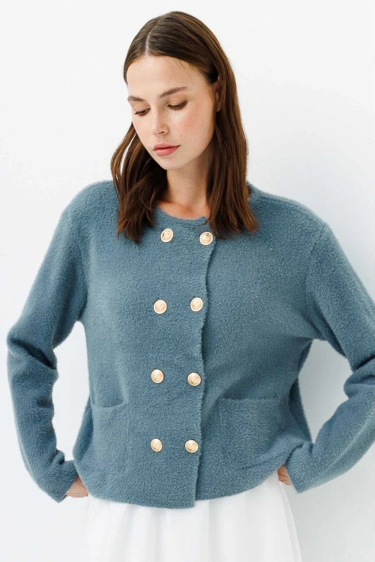 Gold Düğme Detaylı Angora Hırka - Çağla Yeşili
