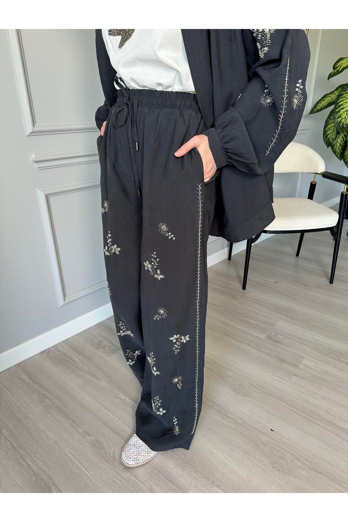 ORFEO NEGRO Taş İşlemeli Kimono ve Pantolon İkili Takım - Antrasit