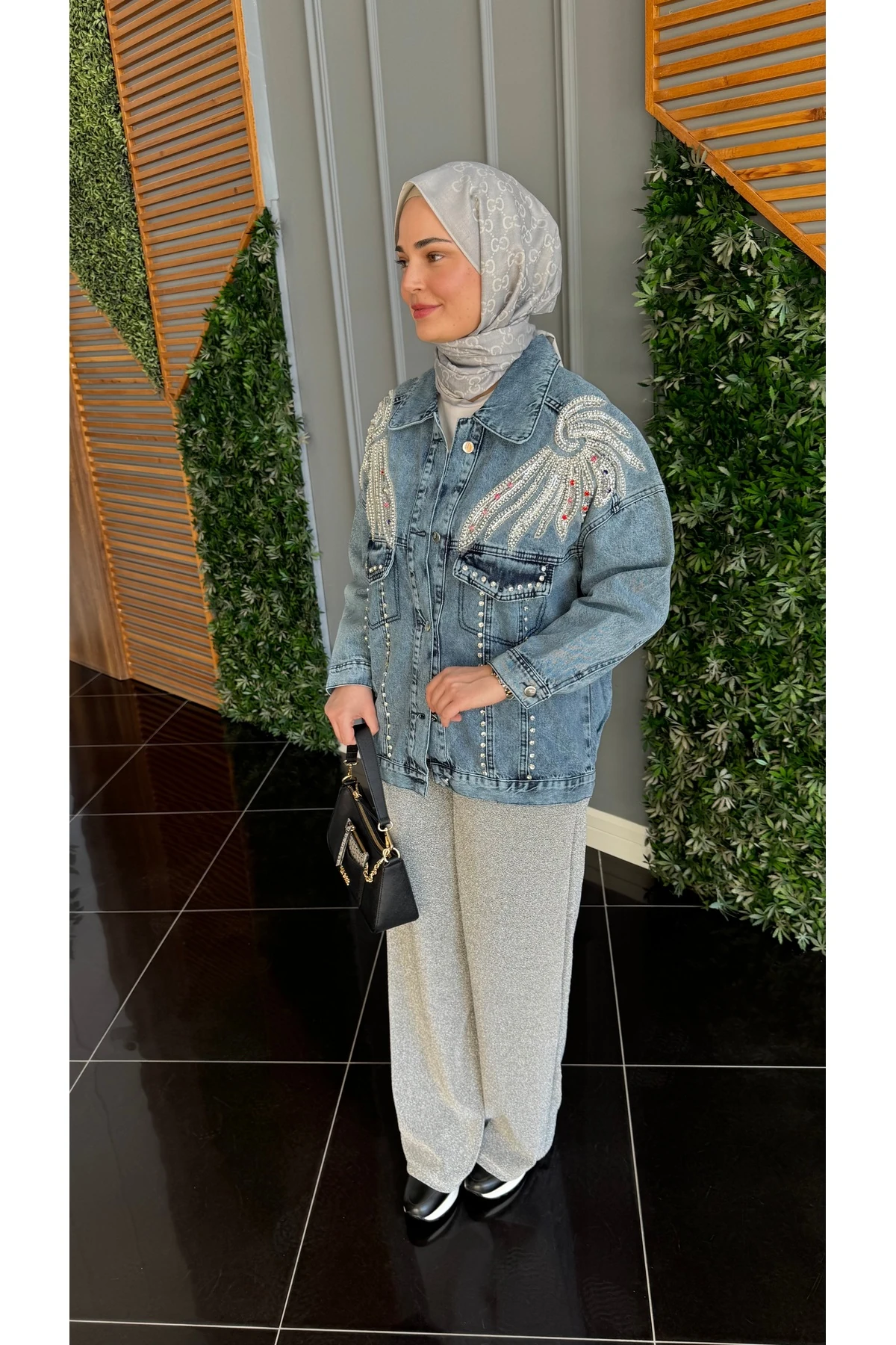 Mira Taş/Payet İşlemeli Kot Ceket - Mavi