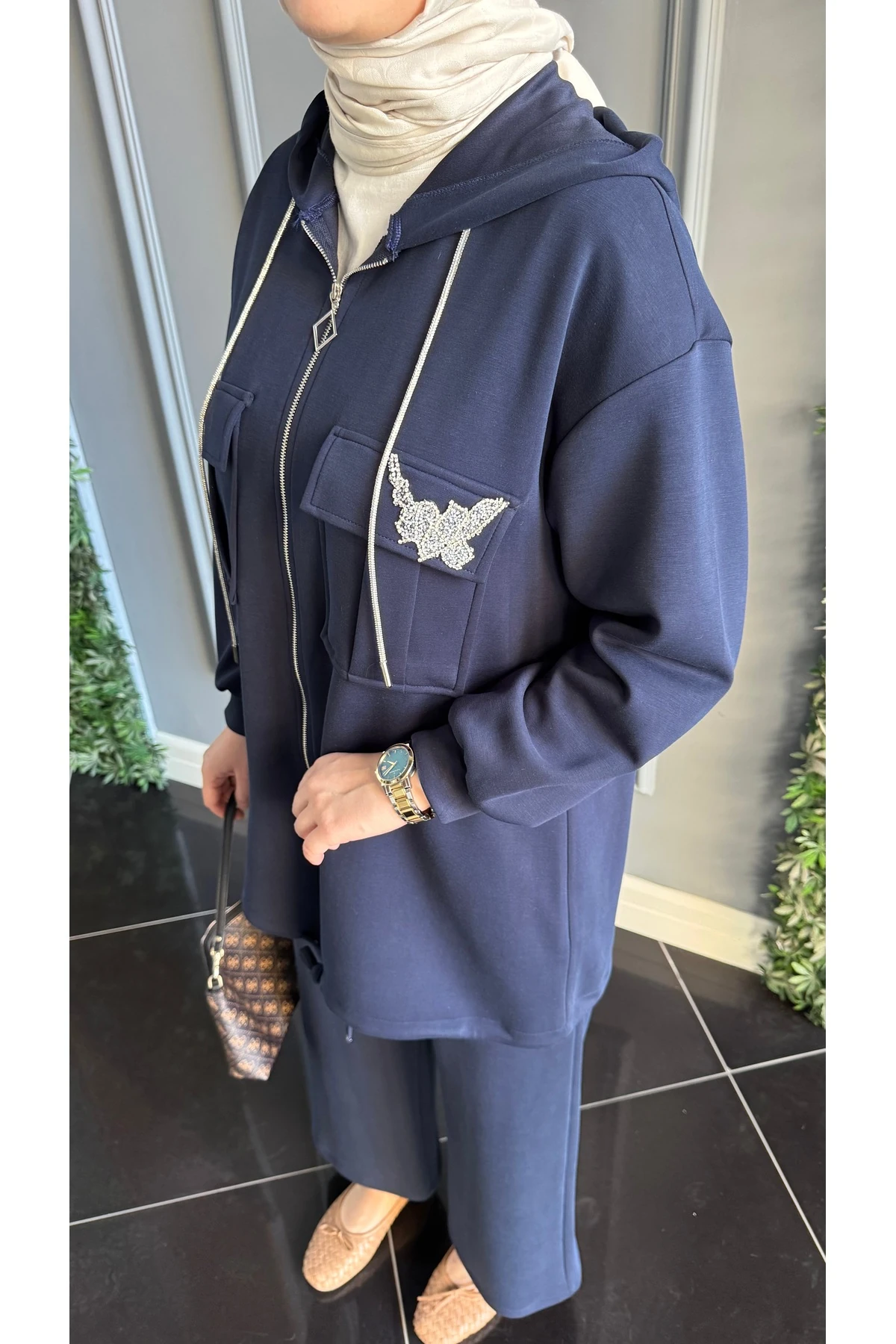 Beymn Taş İşlemeli Modal Tessettür İkili Takım - Lacivert