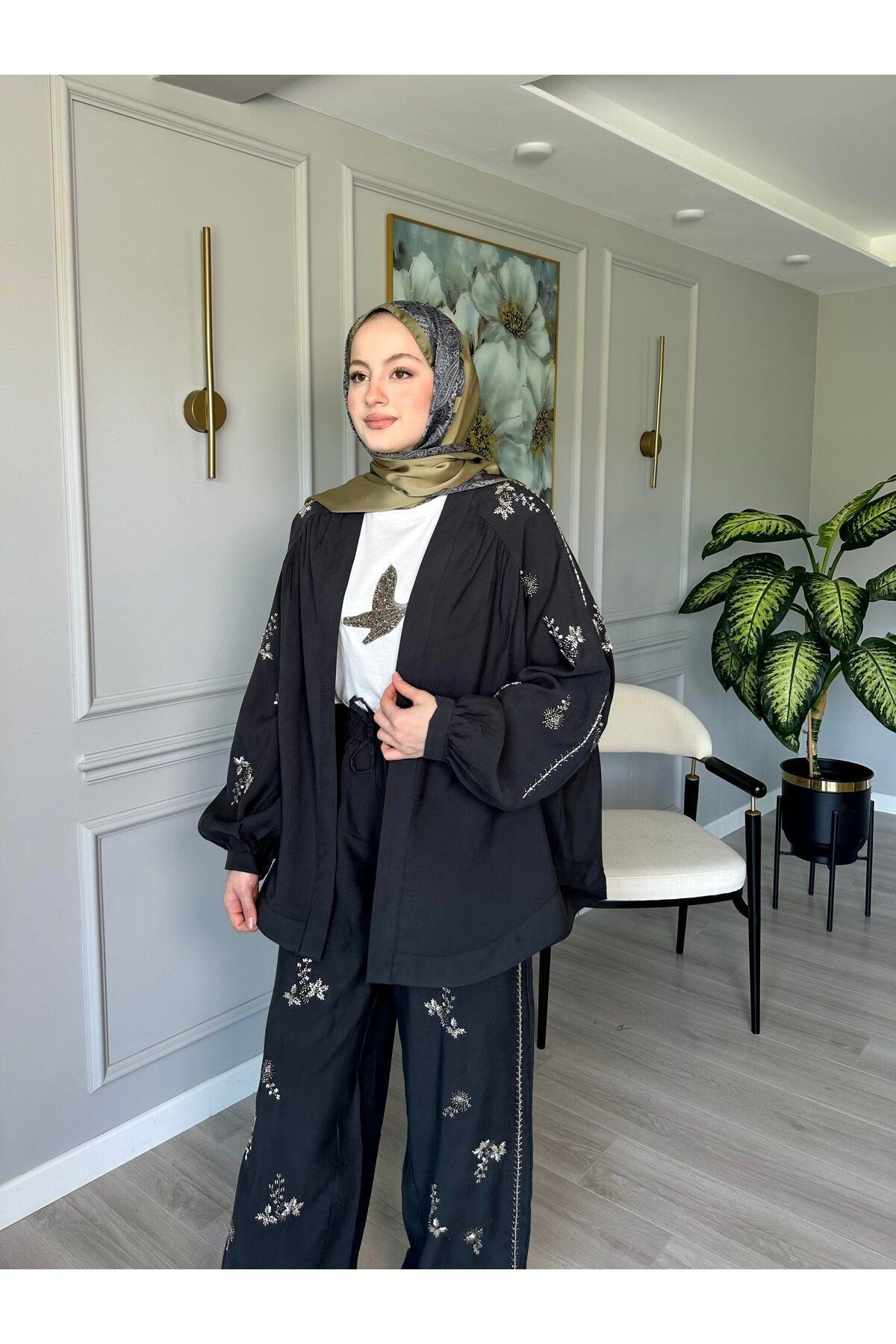 ORFEO NEGRO Taş İşlemeli Kimono ve Pantolon İkili Takım - Antrasit