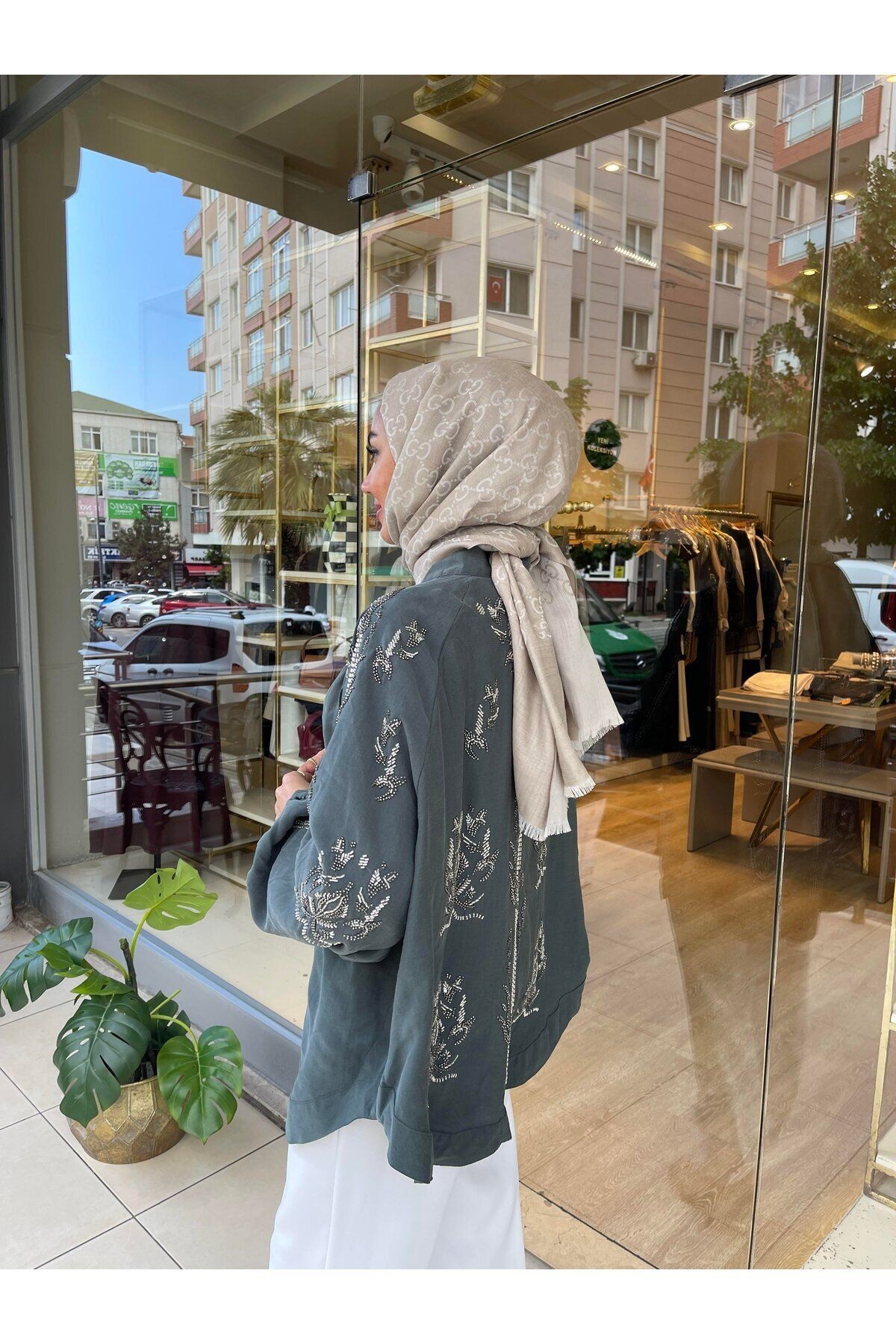 Taş İşlemeli Kimono - petrol yeşili