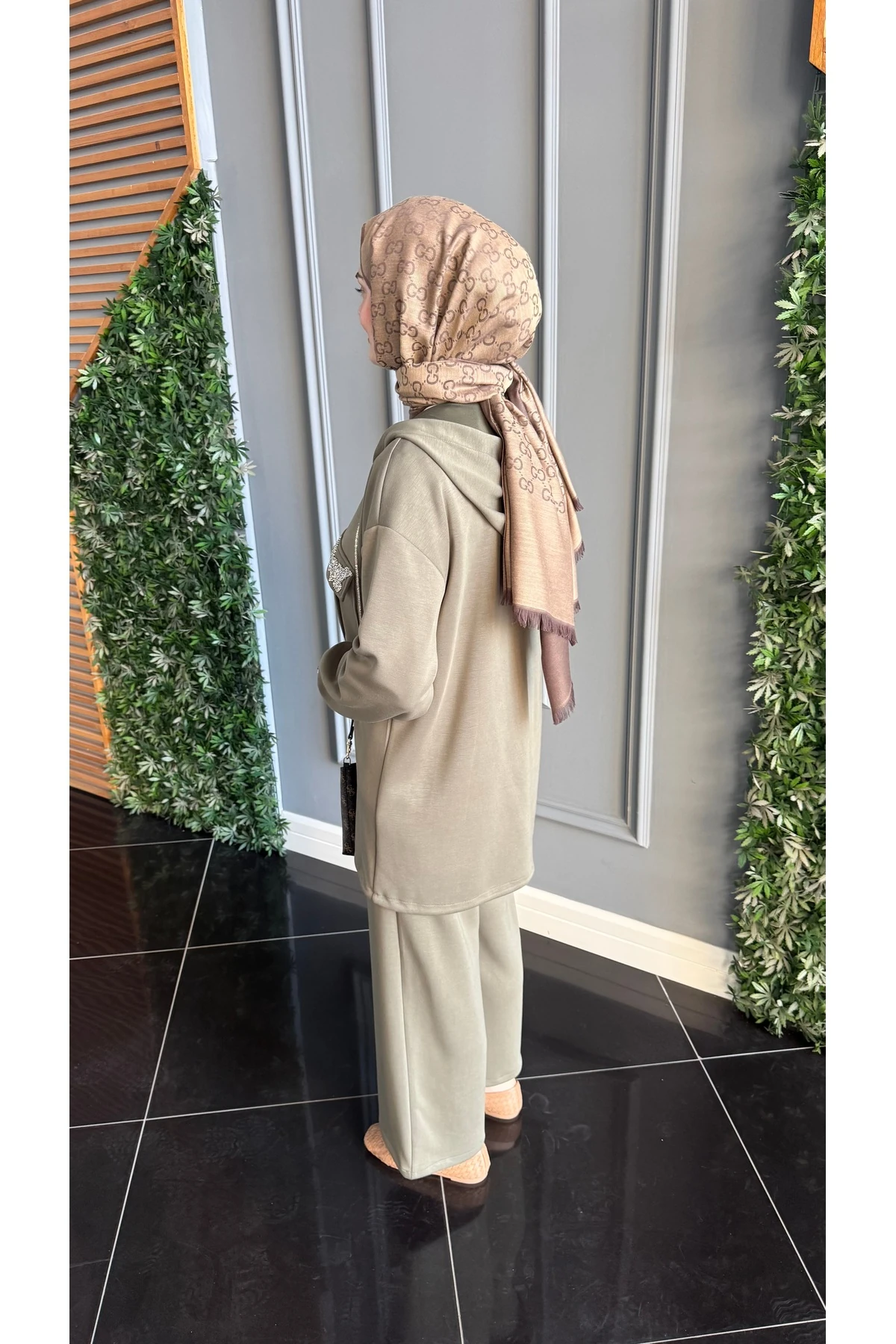 Beymn Taş İşlemeli Modal Tessettür İkili Takım - Haki