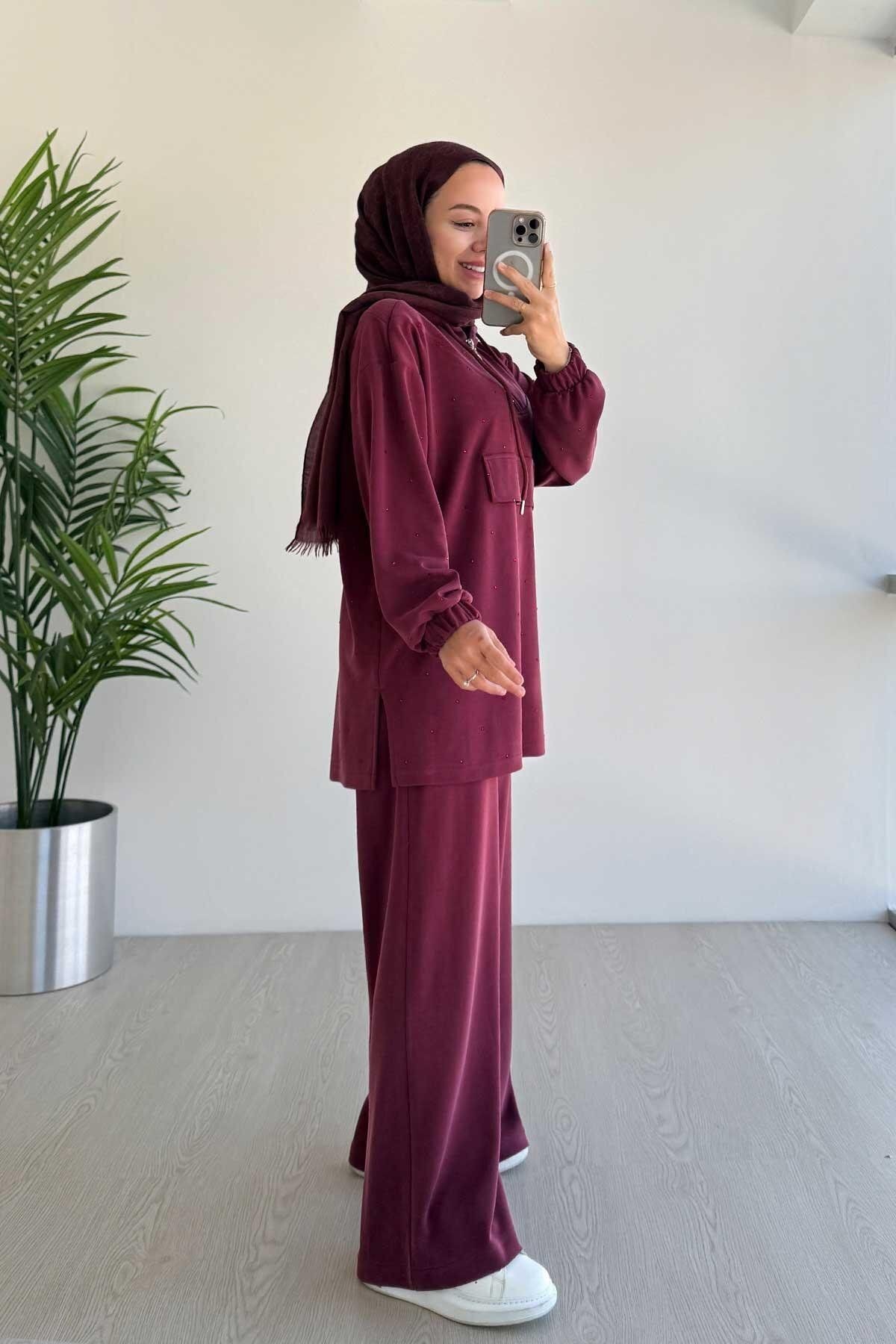 Kapüşonlu Önü Taşlı Premium Kumaş Sweat Pantolon İkili Takım