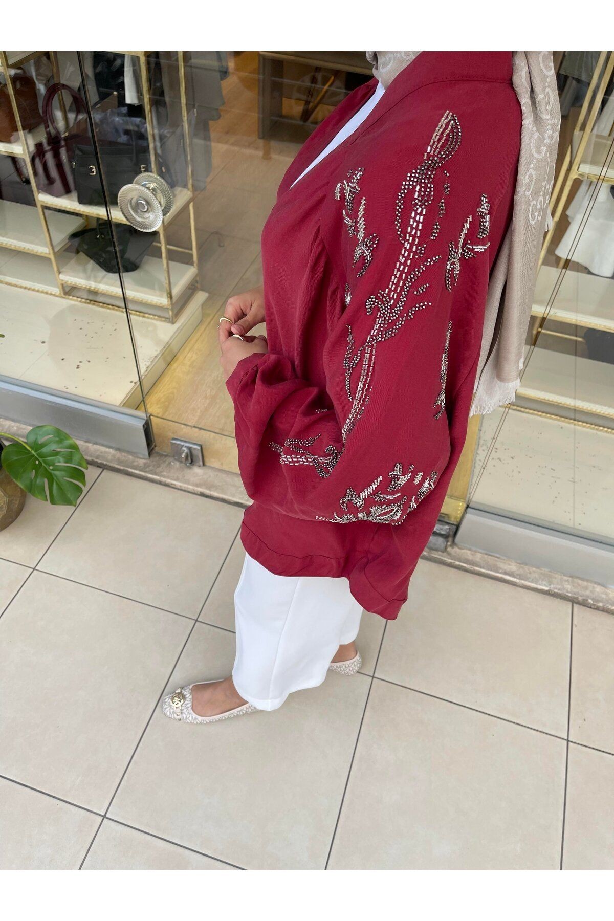 Taş İşlemeli Kimono - Bordo