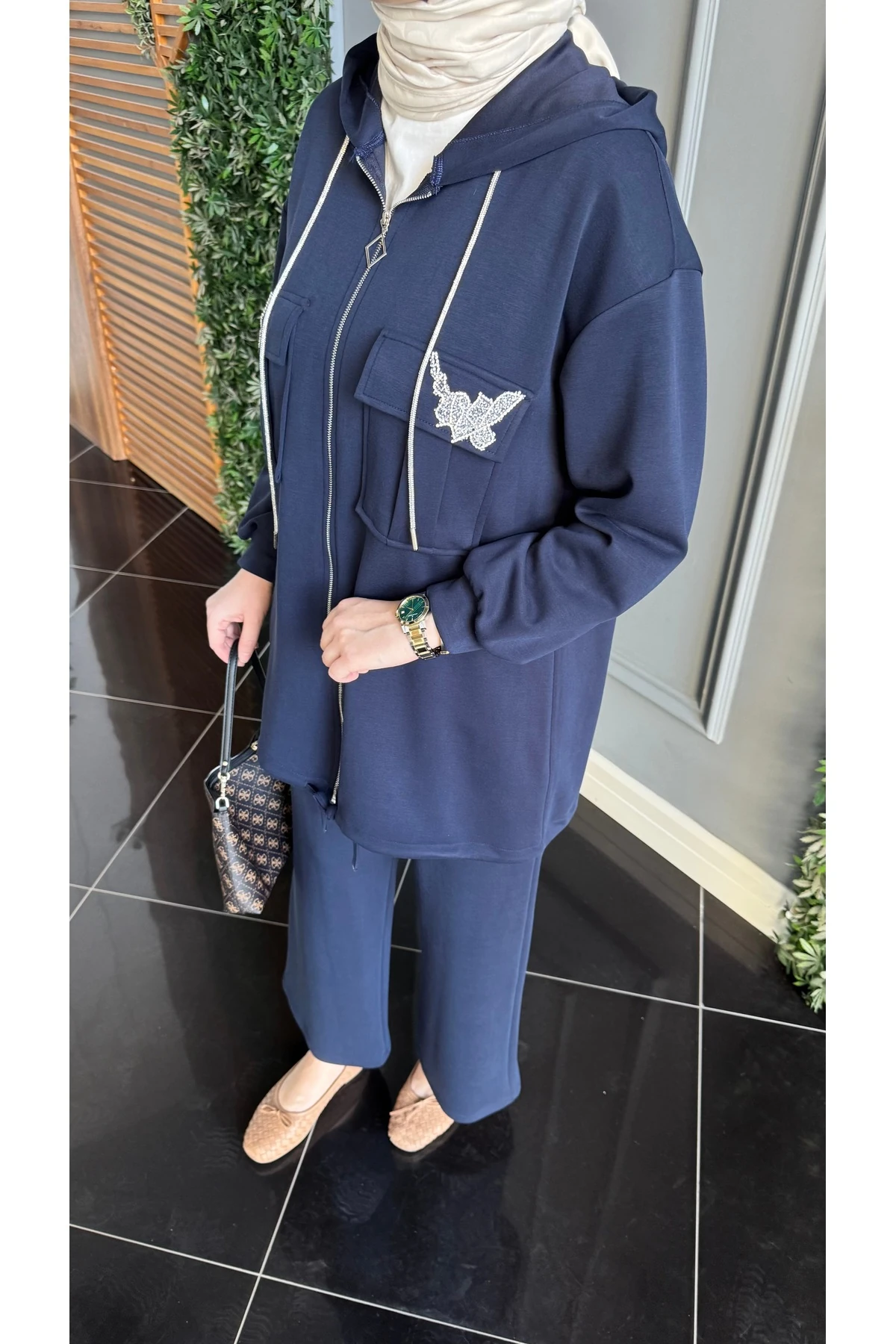 Beymn Taş İşlemeli Modal Tessettür İkili Takım - Lacivert