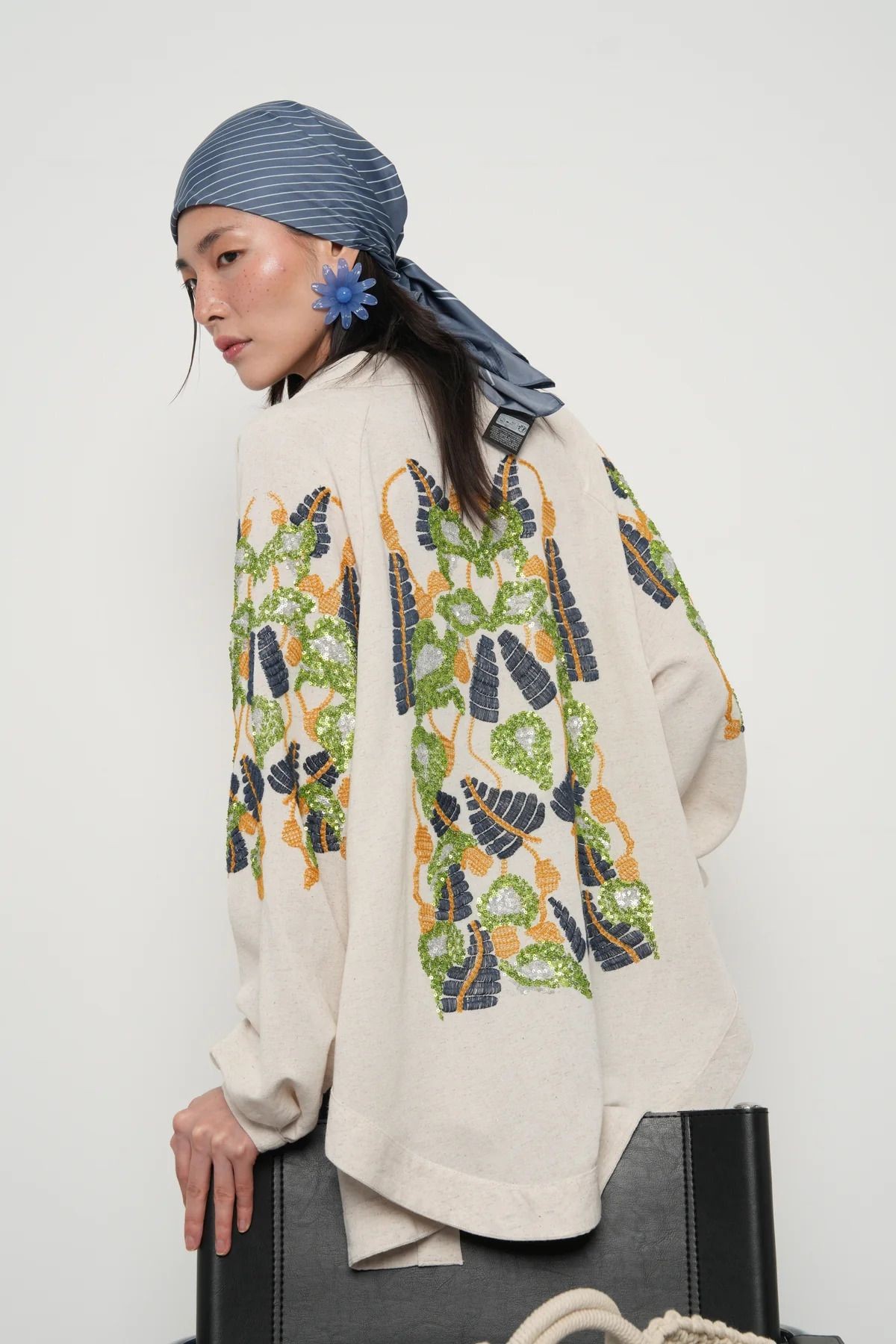 Keten Nakış İşlemeli Kimono - mavi-yeşil desenli